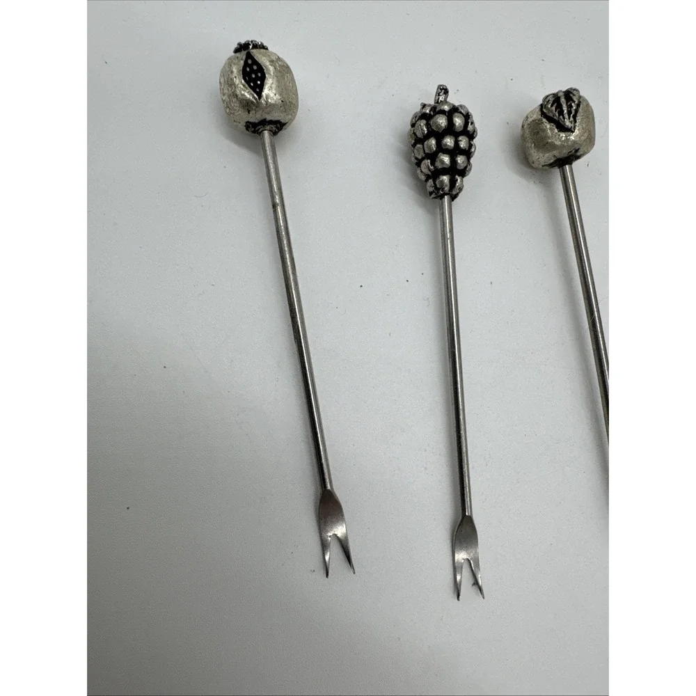 Vintage Pewter Olive Fruit Cocktail (5) Fork Apples Pears Grapes Set